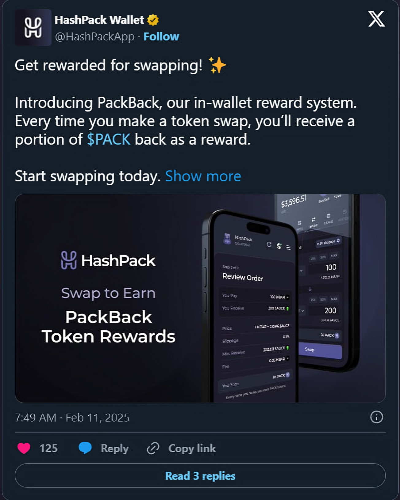 HashPack Tweet about PackBack rewards